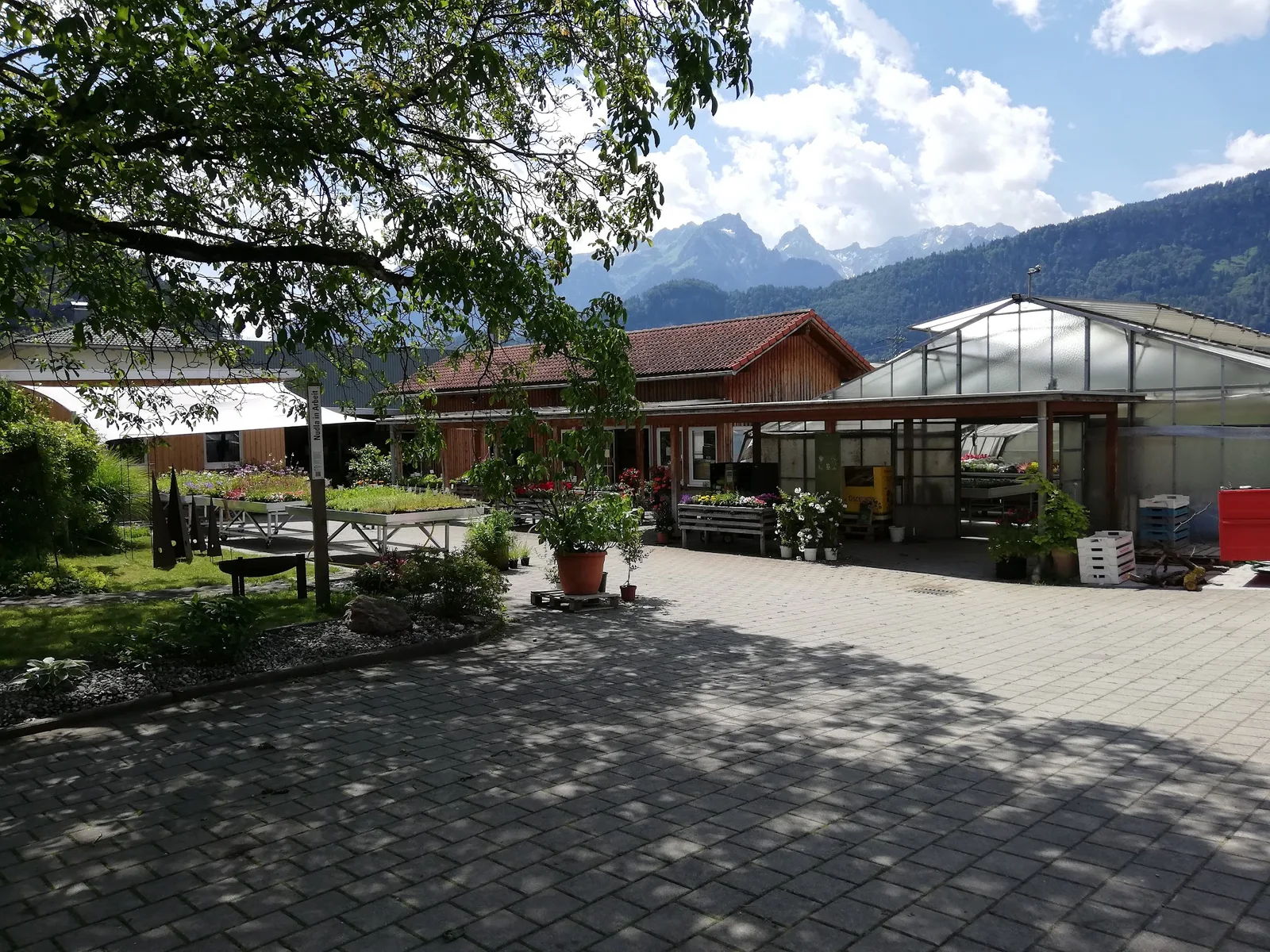 Blick über den Hofplatz auf Verkaufsraum, Glashaus und Blumentische
